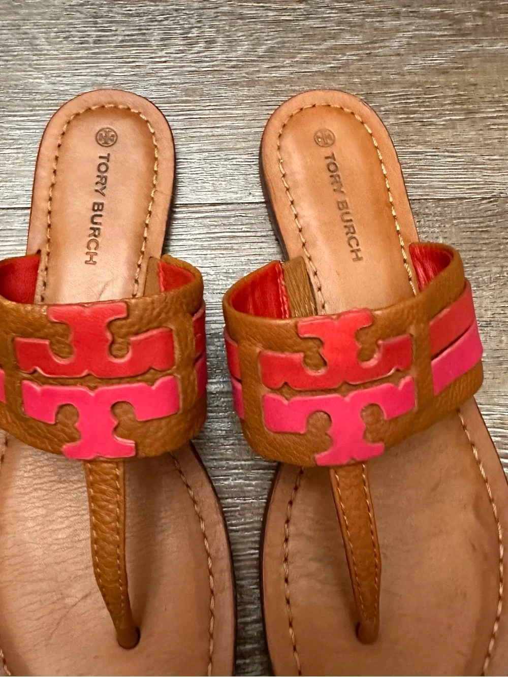 Tory Burch Tan Leather Slide Sandals with Coral Accents
